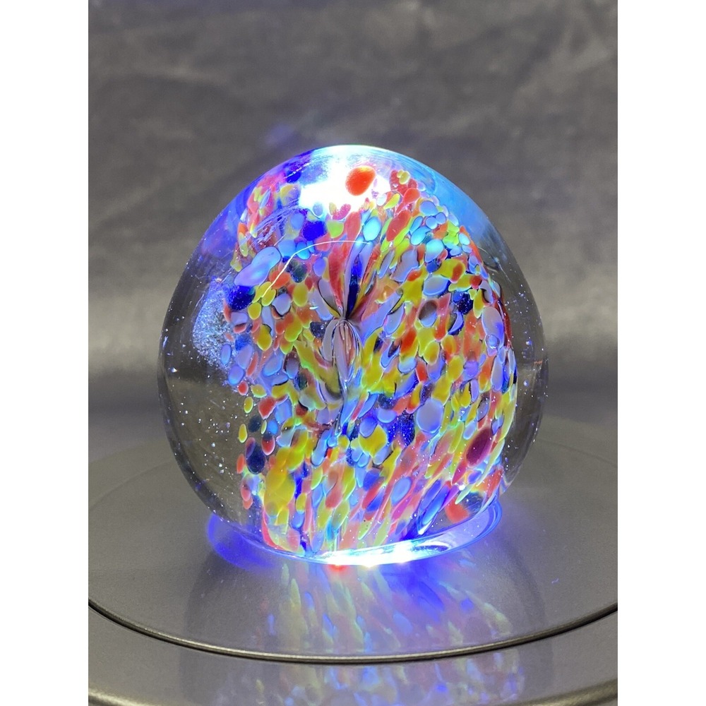 Vintage Multicolored 3 Splatter Flowers Art Deco Glass Paperweight Unmarked Used
